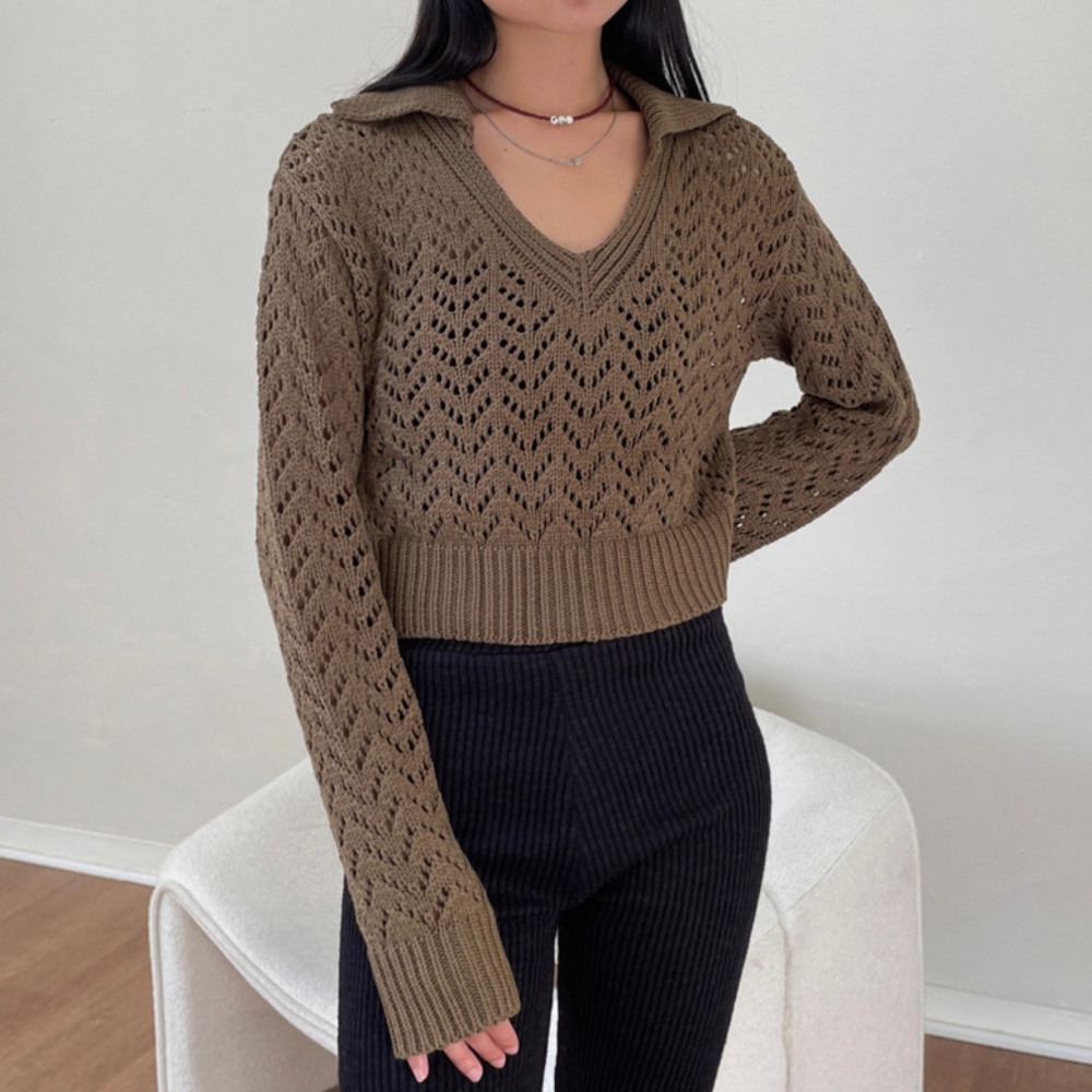 Brown Knit Cropped Collared Sweater